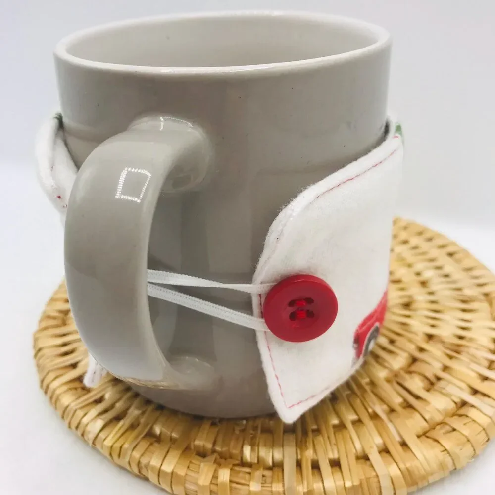 Handmade Mug Cozy, Flannel Little Red Truck, Hot Beverage Cozy, Stocking Stuffer